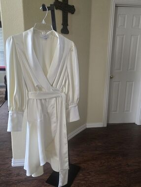 Sedge Silk/Satin-Blend Ivory Wrap Dress with Belt